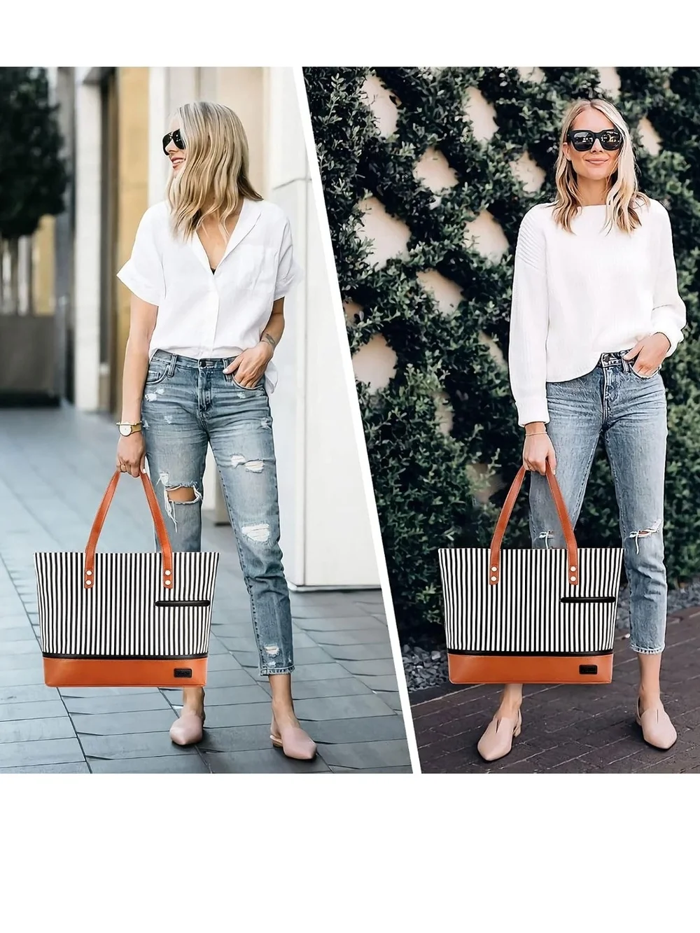 Striped Canvas Tote Bag with Pouch - Black & White with Tan Trim